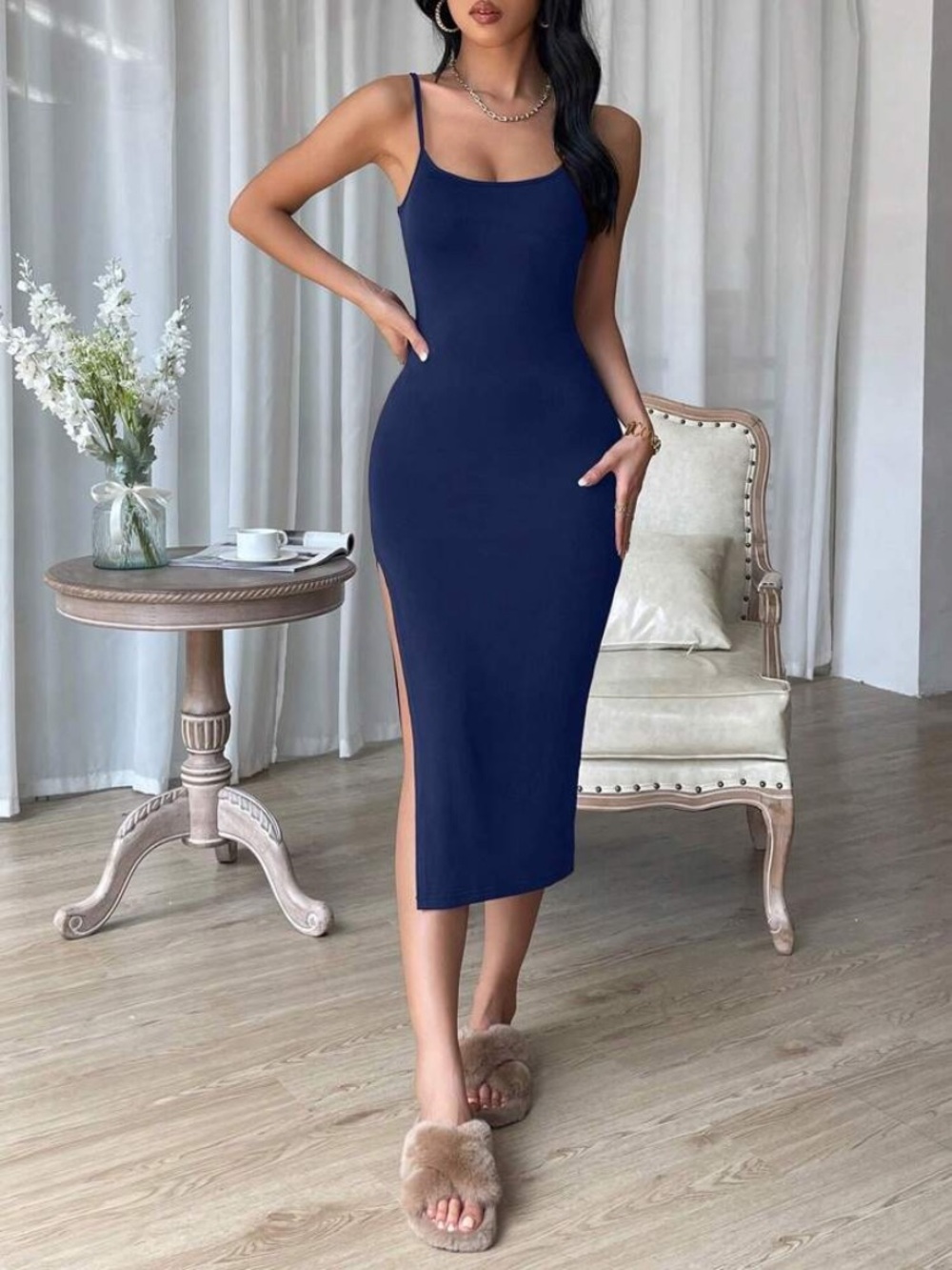 SHEIN Navy Spaghetti-Strap Bodycon Midi Dress with Side Slit
